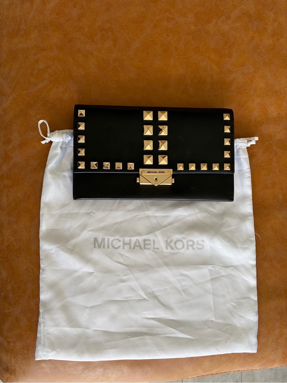 Michael Kors Black Leather Clutch with Gold Stud Accents